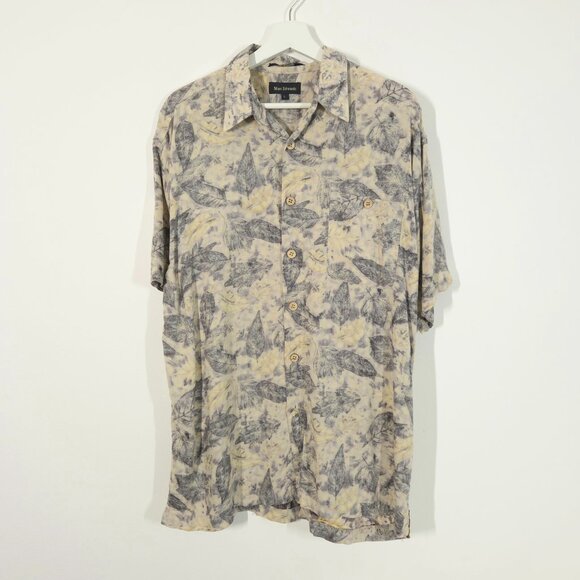 Vintage Leaf Print Patterned Short Sleeve Button Down Shirt Made in Korea - Picture 1 of 6